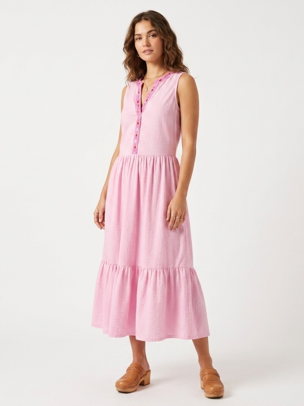 Cabana Life Pink UPF 50 Midi Dress Size M Embroidered Tiered Pique